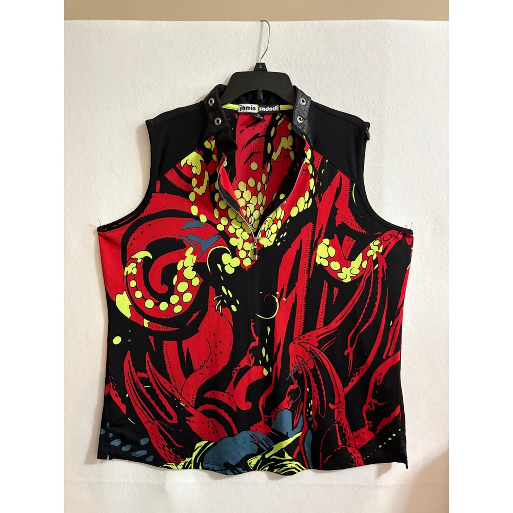 Jamie Sadock Womens XXL Sleeveless Golf Top Red Black Abstract Graphic Print Zip